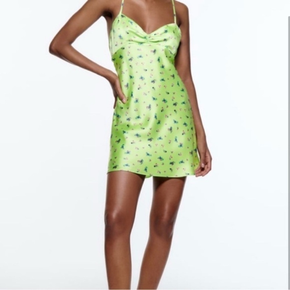 NWT Zara Green Floral Satin Slip Dress